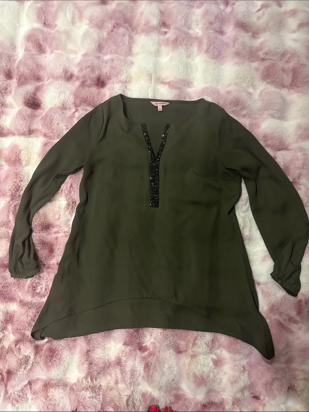 Juicy Couture Olive Green V-Neck Beaded Tunic